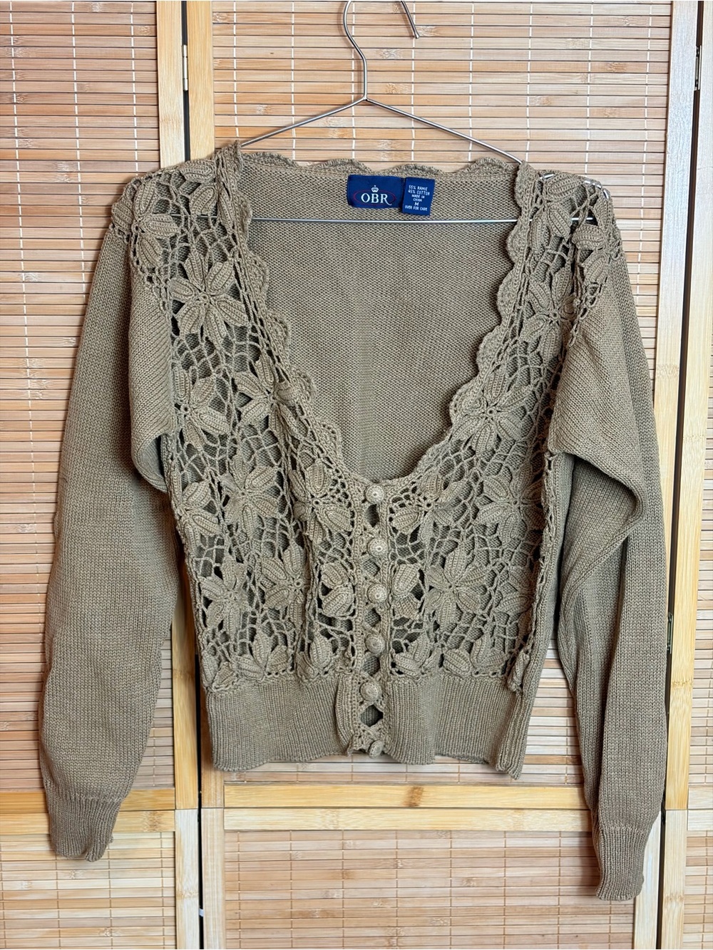 Crochet Lace Button Front Sweater Cardigan Olive Green M Floral Pattern